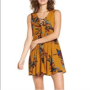 Everly Floral Lace-Up Skater Dress Mustard
